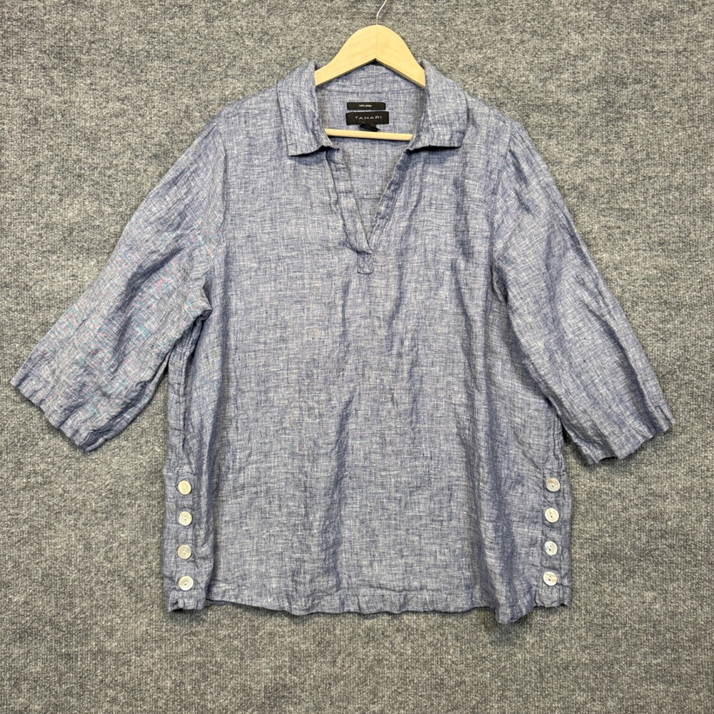Tahari Size 1X Shirt Blouse Navy Blue Heather Linen Collared Buttons 3/4 Sleeves